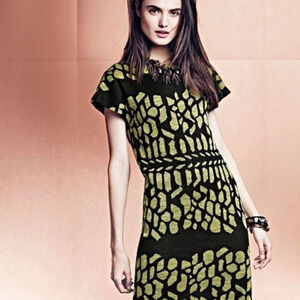 Misook Black Yellow Green Spotted Pattern Toula Cap Sleeve Graphic Dress Size L